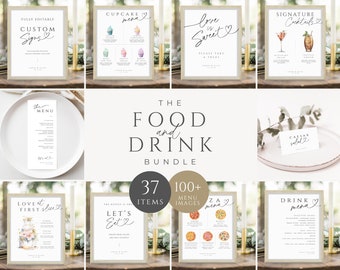 Wedding Bundle Menu, Signature Drink Cocktail, Food Sign Buffet Template, Minimal Card Place Setting, Dessert Table, INSTANT DOWNLOAD, WED04