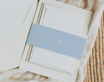 Monogram Initial Belly Band, Band for Wedding Invite, Coastal Beach Invitation, Template Stacked Card, Dusty Blue, INSTANT DOWNLOAD, WED23
