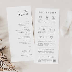 Carte d'anecdotes sur le mariage, couvert pour le menu de la table, histoire d'amour avec chronologie de l'infographie, code QR de partage, TÉLÉCHARGEMENT IMMÉDIAT, blanc, MER08