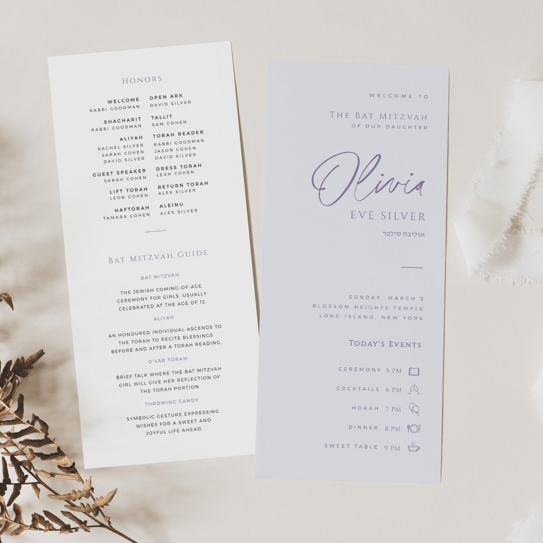 Bat Mitzvah Program Template, Editable Long Minimal Info Card