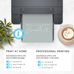 May include: A light blue printable template with the text "HELLOGRAM Events" in white. The template is shown being printed on a printer. The text "EDIT WITH template" is in a blue circle with a white "t" inside. The text "EDITABLE TEMPLATE" is below the "t". The template has options for printing at home or professional printing. The options include "Show bleed", "Show Trim Marks", and "Save Paper".