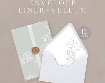 Printable Wedding Vellum Wrap And Envelope Liner, Sage Green Floral Jacket, Baby Breath Line Art Drawing Invitation, INSTANT DOWNLOAD, WED07