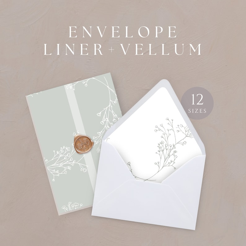 May include: A white envelope liner with a delicate floral design. The liner is placed inside a white envelope. The envelope liner and envelope are both on a light brown background. The text "12 SIZES" is in the top right corner of the image.
