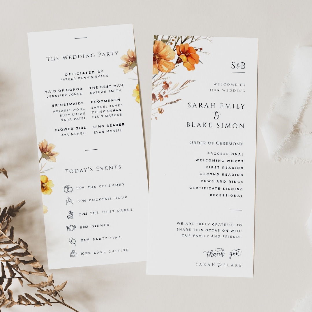 Fall Progrm Template Wedding Program Template Wildflower, Fall Burnt Orange Itinerary With ...