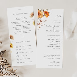 Modèle de programme de mariage fleurs sauvages, itinéraire orange brûlé d'automne avec icônes, carte du temps de la cérémonie florale d'automne, téléchargement immédiat, MER10