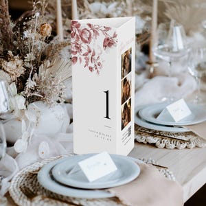 Número de mesa de boda en tríptico, menú en forma de triángulo en rosa empolvado, código QR imprimible con foto, plantilla floral de Toile, DESCARGA INSTANTÁNEA, MIÉRCOLES 13