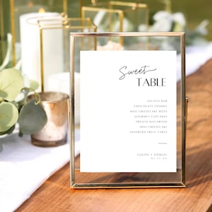 Dessert Station Hochzeit, modernes bearbeitbares Sweet Table Bar Food Zeichen, druckbares minimalistisches Süßigkeitsgeschmacksmenü, SOFORTIGER DOWNLOAD, weiß, WED02