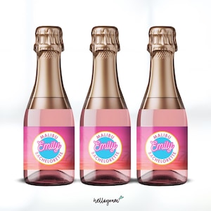 Mini Champagne Label Template, Malibu Bachelorette Favors, Beach Bubbly Bottle Sticker, Bridesmaid Gift, INSTANT DOWNLOAD, pink, BACHL07