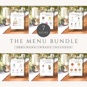 Lebensmittel Zeichen Hochzeitsmenü Bundle zum Ausdrucken, Cupcake Geschmacksrichtungen, Pizza Bar, Signature Drink Cocktail, Minimal Kuchen, Donut, SOFORTIGER DOWNLOAD, WED04