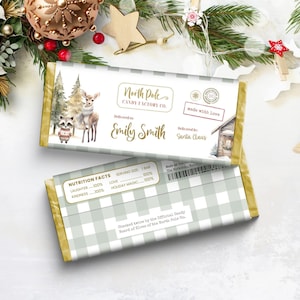 Personalisierte Weihnachtsschokoladenverpackung, druckbare Candy Bar-Vorlage, bearbeitbare Weihnachtsdekoration vom Weihnachtsmann, SOFORTIGER DOWNLOAD, grün, CHR04