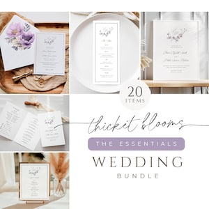 May include: A wedding stationery bundle featuring invitations, menus, and signage. The designs include floral accents in shades of purple and gray. The text "Thicket Blooms" and "Wedding Bundle" are also visible.