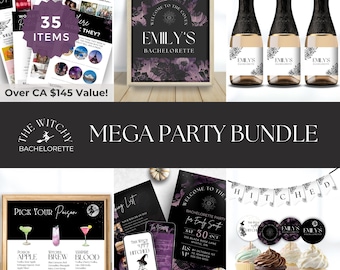 Witch Themed Bachelorette Party Bundle, Witchy Itinerary Invite, Halloween Games, Spooky Champagne Favor, Gothic Decorations, Black, BACHL02