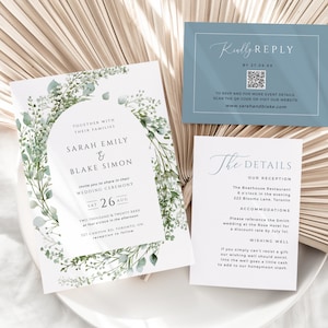 Código QR de invitaciones de boda azul polvoriento, plantilla de tarjeta de invitación de invierno, aliento de bebé verde salvia, postal de respuesta de foto, DESCARGA INSTANTÁNEA, MIÉ12