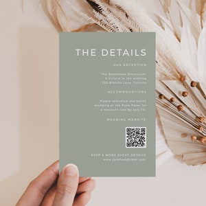 Sage Green Wedding Detail Insert, QR Code Website Kaartsjabloon, Minimale Receptie Uitnodiging, Hotel Info, INSTANT DOWNLOAD, Wit, WED07