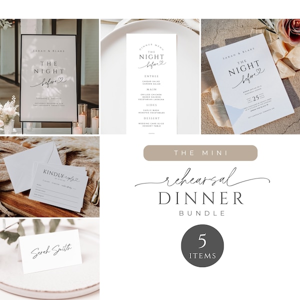 Rehearsal Dinner Invitation Bundle, The Night Before Poster, Minimal Wedding Digital Invite, Menu Place Card, INSTANT DOWNLOAD, White, WED04