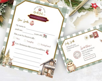 Querido sobre de carta de Papá Noel, plantilla de lista de deseos de Navidad imprimible, nota editable para niños a Claus, lista agradable de elfos, verde, DESCARGA INSTANTÁNEA, CHR04
