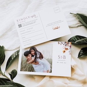 Carte postale QR Code RSVP, faire-part carte-réponse fleurs sauvages, mariage orange bourgogne brûlé, modèle image photo, téléchargement immédiat, WED11