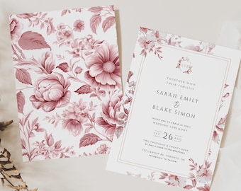 Sjabloon bruiloft uitnodiging Franse toile, afdrukbare stoffige roos uitnodiging, vintage tuinceremonie, bloemen chinoiserie, INSTANT DOWNLOAD, wo 13