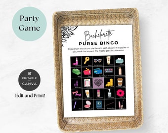 May include: A printable bachelorette party game called "Purse Bingo". The game board has a black background with white text and colorful icons of items commonly found in a purse. The icons include lipstick, keys, sunglasses, lotion, tissue, bills, cash, a credit card, eye shadow, a water bottle, mascara, a receipt, coins, a coffee card, a gym card, sunscreen, lip balm, hand sanitizer, a hair tie, a pen, blush, a passport, a bobby pin, and mascara.