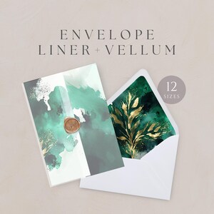 May include: Envelope liner and vellum with a green and gold watercolor design. The liner features a green and gold abstract design with a gold wax seal. The vellum features a gold leaf design on a green background. The text "12 SIZES" is in the upper right corner of the image.
