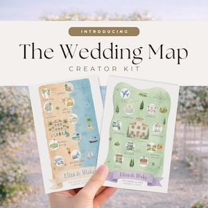 Può includere: Due biglietti di nozze ad acquerello con il testo "The Wedding Map Creator Kit". Una mappa è blu e beige, l'altra è verde e beige. Entrambe le mappe hanno illustrazioni di luoghi e i nomi "Eliza & Blake."