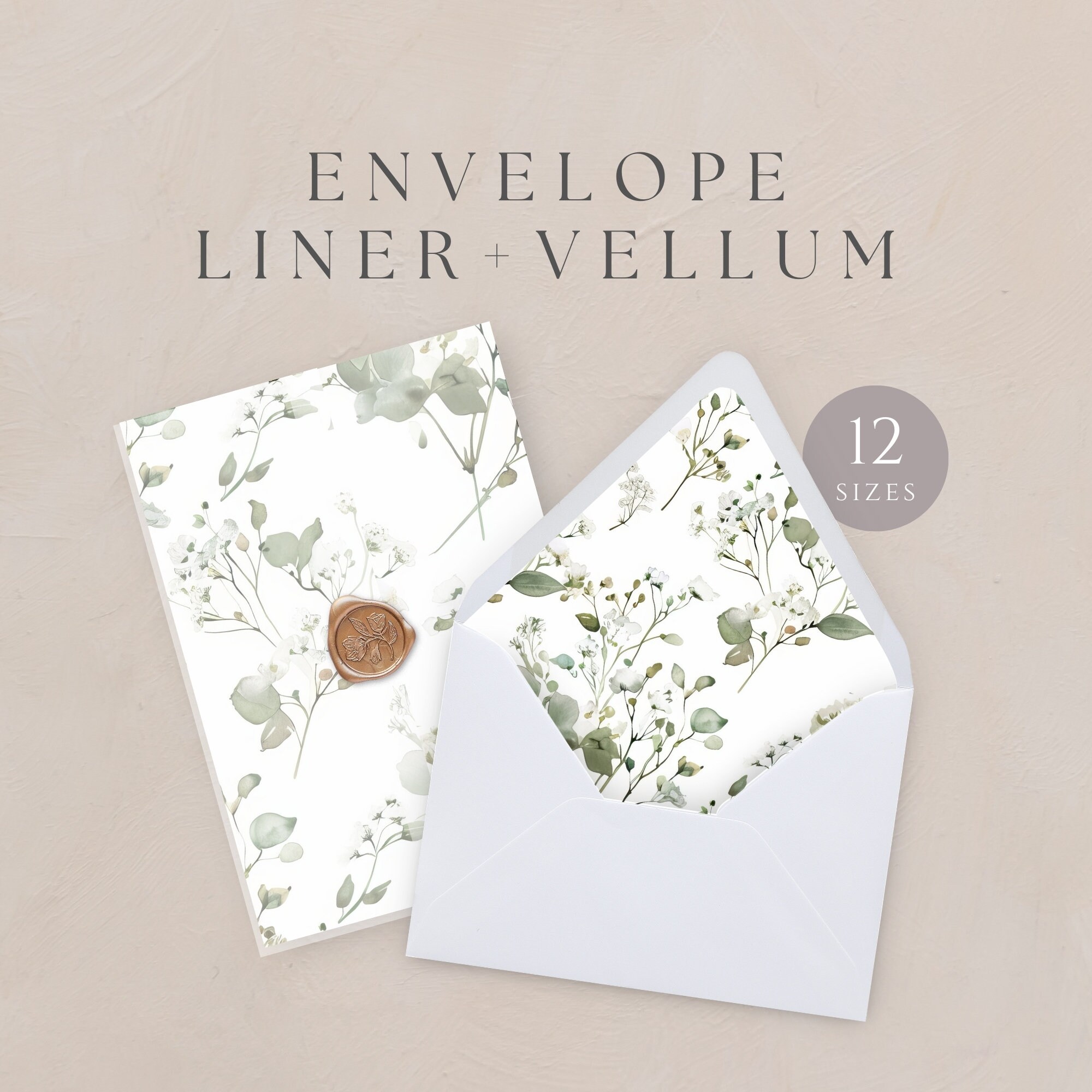 Envelope Liner Greenery, Printable Baby Breath Vellum Jacket, 5x7 Invitation Wrap Template, A7 Euro Square Flap, INSTANT DOWNLOAD, WED12