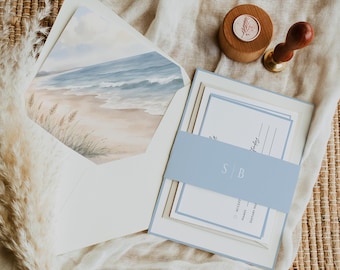 Nautical Wedding Invitation Suite, Coastal Summer Beach, QR Code, Envelope Liner, Minimalist Monogram, Dusty Blue, INSTANT DOWNLOAD, WED23