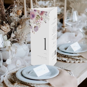 Numéro de table de mariage à trois volets, menu triangulaire minimaliste, Merci floral violet, signe QR Code lilas imprimable, TÉLÉCHARGEMENT IMMÉDIAT, MER09