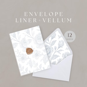 Dusty Blue Toile Hochzeit Pergamin, Garten Umschlag Liner, 5x7 Floral Einladung Wrap Vorlage, A7 Euro quadratische Klappe, SOFORTIGER DOWNLOAD, WED25