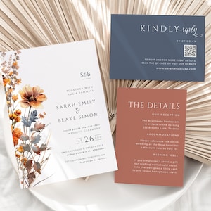 Invitaciones de boda de color naranja quemado establecen invitación digital, plantilla de suite de flores silvestres de acuarela, código QR de respuesta azul marino, DESCARGA INSTANTÁNEA, WED10