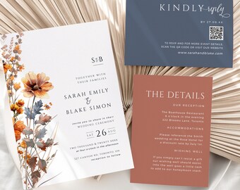 Könnte beinhalten: Eine Hochzeitseinladungssuite mit einem Aquarell-Blumendesign in Orange-, Braun- und Blautönen. Die Einladung zeigt die Namen "Sarah Emily & Blake Simon" und das Datum "Sa 26. Aug". Die Detailkarte enthält Informationen über den Empfang, die Unterbringung und einen Wunschbrunnen.