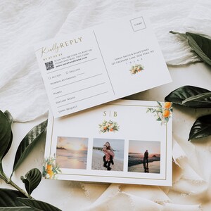 Carte postale RSVP QR Code, faire-part carte-réponse agrumes tropicaux, encart de mariage oranges, modèle de photographie d'image, téléchargement immédiat, WED15