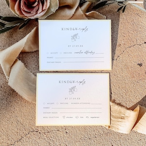 May include: Two yellow and white RSVP cards with a lemon branch illustration. The text reads "Kindly reply by 27.09.XX". The cards have options for accepting or declining the invitation, a space for names, dietary needs, and meal selection.