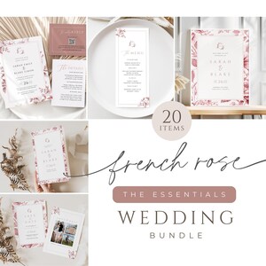 May include: A wedding invitation suite with a French rose design. The suite includes a save the date card, invitation, RSVP card, and details card. The cards are all white with a pink floral design and the text is in black. The suite also includes a menu card and a welcome sign. The menu card is white with a pink floral design and the text is in black. The welcome sign is white with a pink floral design and the text is in black. The suite is available in a bundle of 20 items.