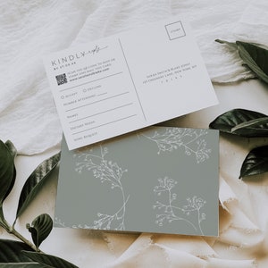 Carte postale RSVP QR Code, faire-part carte-réponse gypsophile, insert de mariage souffle de bébé, dessin au trait floral vert sauge, téléchargement immédiat, WED07