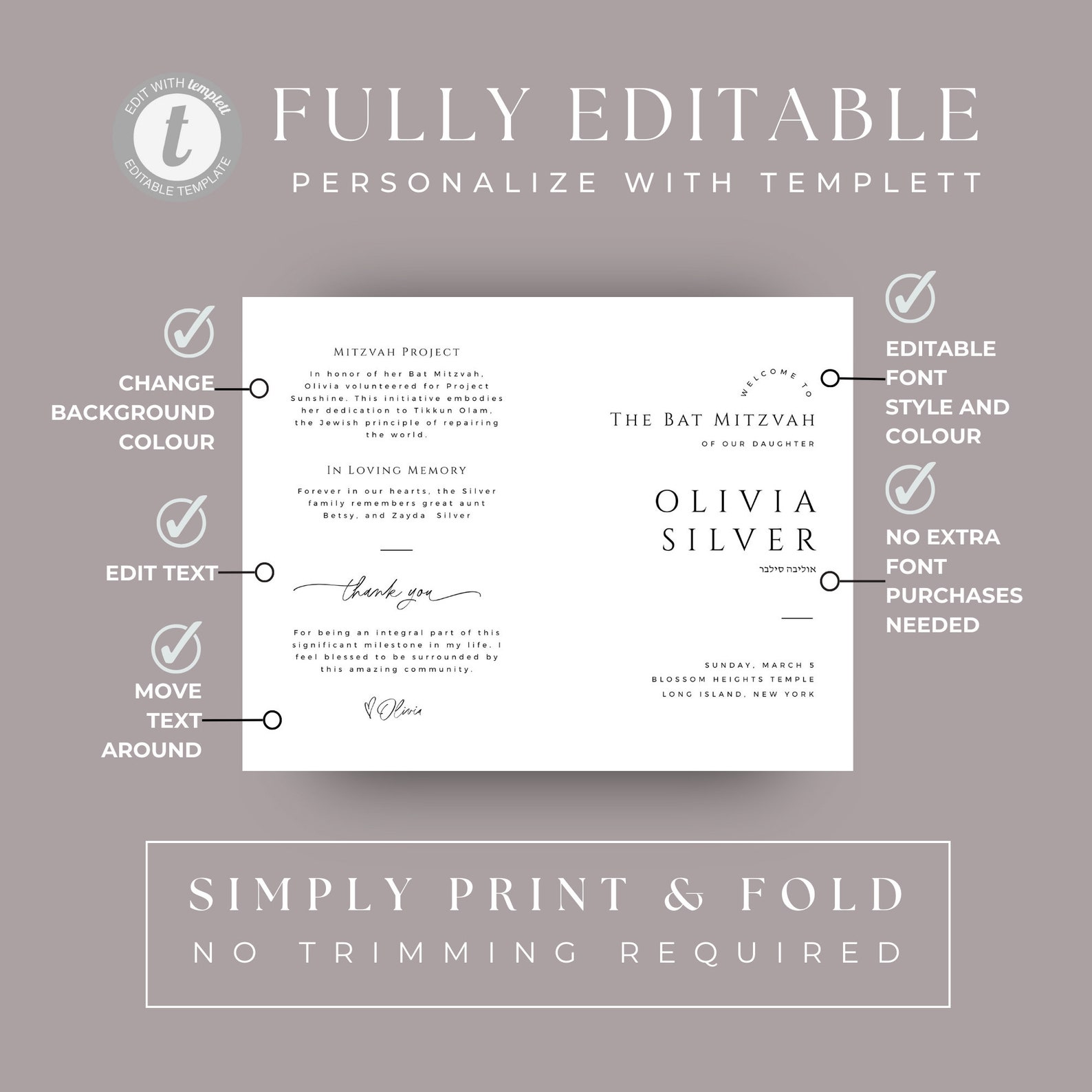 Bat Mitzvah Program Template, Editable Minimal Jewish Info, Printable