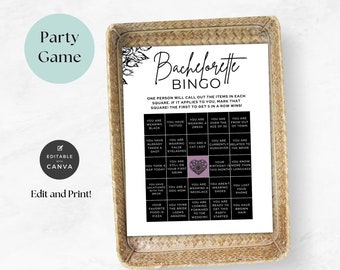 May include: A printable bachelorette party bingo card with a black and white design. The card has a pink heart in the center with a black and white design. The card has 25 squares with different phrases related to a bachelorette party.