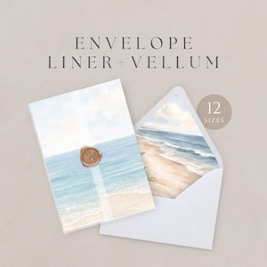 Puede incluir: Dos sobres blancos con diseños de playa. Uno está sellado con un sello de cera dorado. El otro está abierto, revelando una escena de playa. El texto en la imagen dice "ENVELOPE LINER + VELLUM" y "12 TAMAÑOS".