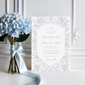 French Garden Wedding Invitation, Regency Era Invite Template, Victorian Dusty Blue Toile Floral, Monogram Crest, INSTANT DOWNLOAD, WED25
