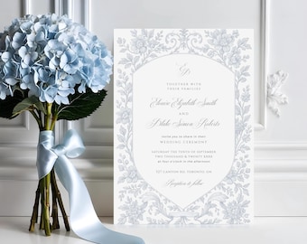 Bruiloft uitnodiging Franse tuin, regentschap tijdperk uitnodiging sjabloon, Victoriaanse stoffige blauwe toile bloemen, monogram kuif, INSTANT DOWNLOAD, wo 25