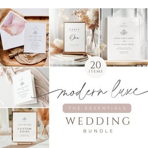 May include: A set of 20 printable wedding signs in a modern luxe style. The signs are fully editable and feature a delicate, minimalist design with a gold crest. The text on the signs includes "Table One", "Sarah Emily Jones and Blake Simon Smith", and "Fully Editable Custom Signs".