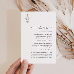 Handgetekende bruiloft uitnodiging invoegen, afdrukbare grillige detailkaart uitnodiging, bewerkbare minimale monogram bijlage, INSTANT DOWNLOAD, WED17