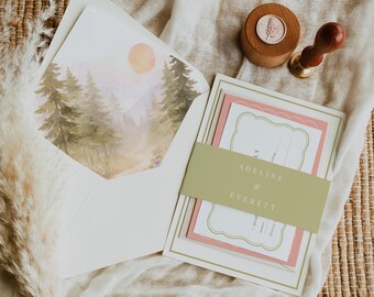 Forest Wedding Invitation Suite, Butterfly Template, Woodland Pine Tree Stationery, Elegant Nature Wedding Invite Kit, Green and Pink, WED44