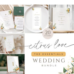 May include: A wedding invitation suite with a citrus theme. The suite includes a save the date card, invitation, RSVP card, details card, and menu card. The cards feature watercolor illustrations of lemons, oranges, and leaves. The text on the cards is in a modern, minimalist font.