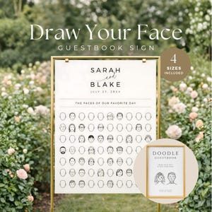 May include: A gold-framed wedding guestbook sign with the text "Draw Your Face" and "Guestbook Sign." The sign includes the names "Sarah and Blake" and the date "July 23, 20XX." It features a section for guests to draw their faces. A smaller framed doodle guestbook is also included.