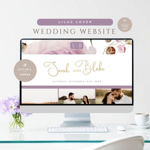 Puede incluir: Una pantalla de ordenador que muestra una plantilla de sitio web de boda con un esquema de color lila y dorado. El sitio web presenta un diseño floral, los nombres de la pareja "Sarah y Blake" y la fecha "Sábado, 12 de septiembre de 20XX".