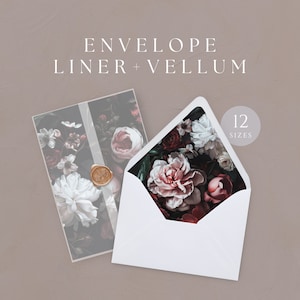 Schwarz Floral Umschlag Liner und Pergament, druckbare Burgunder Blume, 5x7 Dusty Pink Rose, A7 Euro Klappe, SOFORT DOWNLOAD, WED08
