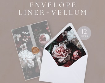 Black Floral Envelope Liner and Vellum, Printable Burgundy Moody Flower, 5x7 Dusty Pink Rose, A7 Euro Square Flap, INSTANT DOWNLOAD, WED08