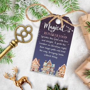 Etiqueta de comida de rena mágica, etiqueta de tratamento de véspera de Natal para impressão, cartão de tradições de férias editável, trenó de Papai Noel, DOWNLOAD INSTANTÂNEO, azul, CHR04