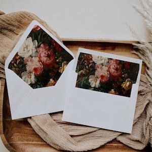 Schwarzes florales Umschlag Liner, druckbare Burgunder Stimmungsvolle Blume, 5x7 Altrosa Vintage rote Rose, A7 Euro Klappe, SOFORTIGER DOWNLOAD, WED29